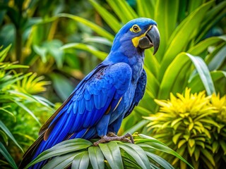 Obraz premium Vibrant Hyacinth Macaw Parrot on Lush Green Background - Panoramic Wildlife Photography