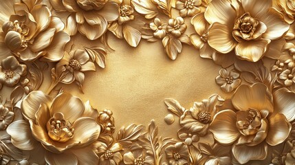Luxurious Golden Floral Background with Intricate 3D Flowers and Leaves in Elegant Design for Decorative and Artistic Use