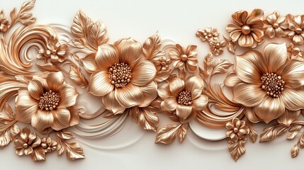 Elegant 3D Floral Pattern with Gold Metallic Flowers and Leaves on a Soft Background for Luxurious Interior Design and Decorative Art