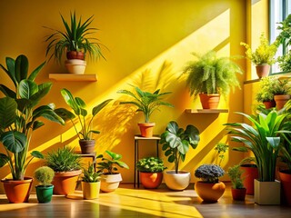 Vibrant Indoor Plant Display on Yellow Background - Home Decor Inspiration