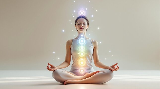 A woman meditating with visible chakras - Powered by Adobe