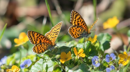 Obraz premium Delicate butterflies gracefully flit above blooming wildflowers, basking in the warm sunlight of a refreshing spring day, creating a lively atmosphere in nature