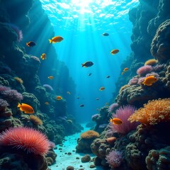 Naklejka premium Underwater Wonderland Vibrant Coral Reefs and Exotic Fish in Soft Lighting