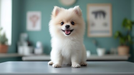 Small, fluffy, white Pomeranian Spitz sits on vet's exam table, looking directly at camera with a happy, smiling expression against softly blurred background.