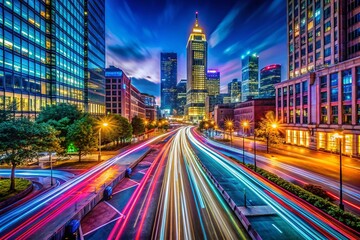Fototapeta premium Vibrant Long Exposure Cityscape at Night, Colorful Lights Trails, Urban Scene