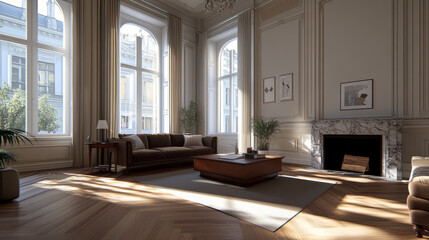 Luxurious living room with large windows, wooden flooring, and elegant decor. sunlight creates warm atmosphere, highlighting stylish furniture and artwork
