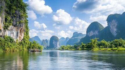Fototapeta premium Li River Cruise in Guilin, China: Serenity Amidst Karst Mountains