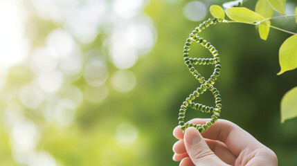 image features hand holding green DNA double helix model against blurred natural background, symbolizing genetics and nature