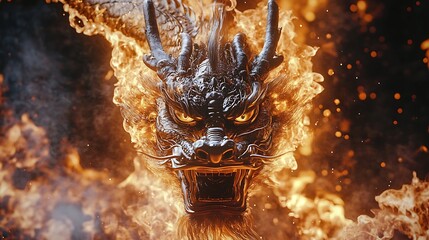 A magnificent Chinese dragon immersed in flames exuding a sense of strength and fear