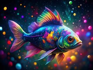 Fototapeta premium Vibrant Neon RGB Fish with Paint Splatter Bokeh Effect - Abstract Stock Photo