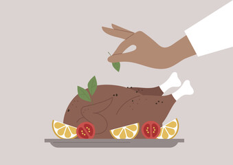 Juicy chicken, adorned with fragrant herbs and vibrant slices of lemon and tomato, invites appetites to savor this mouthwatering culinary creation served on a decorative plate