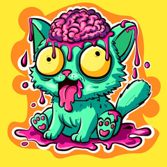 Psychedelic trippy kitty with brains surrounded by pink slime. Acid crazy cat with its tongue out.