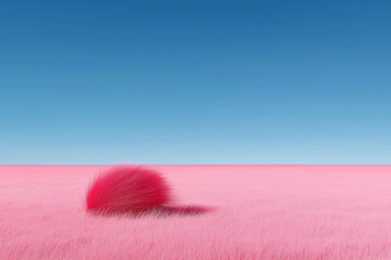 Abstract pink landscape with a fluffy red object under a clear blue sky