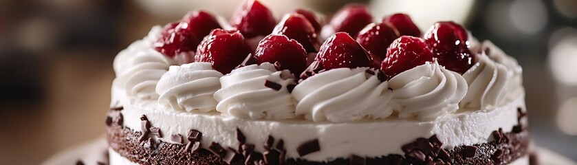 Close-up of a chocolate cake topped with whipped cream and cherries