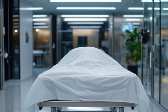 A modern morgue table obscured by a white sheet creates a feeling of mystery while highlighting the sterile environment commonly found in contemporary medical facilities.