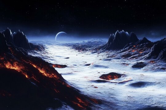 Alien Planet Landscape Illustration with Volcanoes and Stars