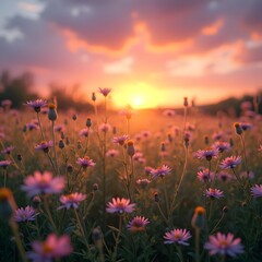 Fototapeta premium Tranquil Wildflower Meadow at Sunset