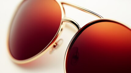 A pair of sunglasses with a gold frame and red lenses
