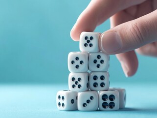 An illustration depicting healthcare, wellness plans, and insurance using health, care, and medical symbols stacked on clean white blocks, positioned by a doctor's hand on a blue background