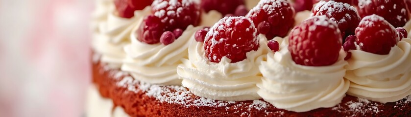 Close-up of Red Velvet Cake Topped with Whipped Cream and Raspberries