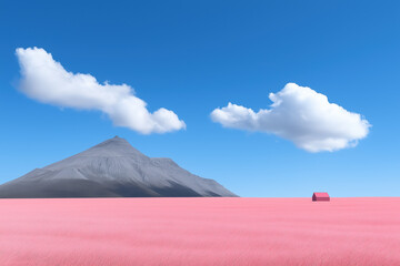 Fototapeta premium Minimalist landscape with pink field, gray mountain, and blue sky