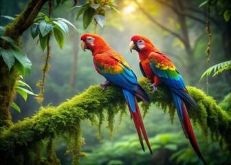 Obraz premium Vibrant Parrots on Lush Jungle Branch - Long Exposure Photography
