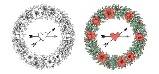 A Floral wreath with hearts and arrows vector illustration