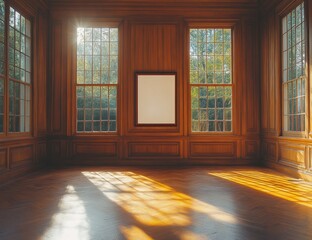 Art installation showcase in elegant wooden room with natural lighting and minimalist design