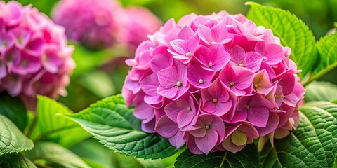 Fototapeta premium Vibrant Pink Hydrangea Blooms with Lush Green Foliage - Close-Up Documentary Style Photography