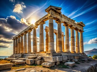 Obraz premium Ancient Greek Ruins & Marble Columns under Vivid Blue Sky - Open-Air Museum Stock Photo