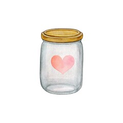 Jar with hearts, doodle sketch. Valentine day, mother day. Vintage glass jar full of love. Illustration on white background.