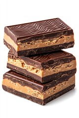 Delicious chocolate bars stacked high, showcasing layers of creamy filling and rich chocolate coating. A tempting treat for chocolate lovers everywhere!