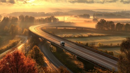 Sunrise over a winding highway with a van driving across a bridge.