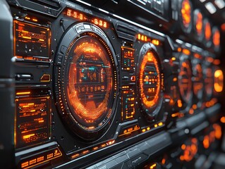 Futuristic Control Panel with Glowing Orange and Red Digital Displays: Close-up of Advanced Technological Interface