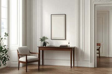 Serene Minimalist Interior: Modern Chair and Console Table in Elegant White Room