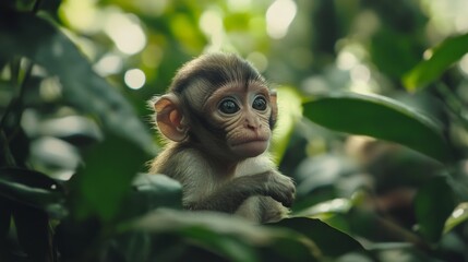 Cute baby monkey playing in the indian forest. 