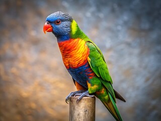 Naklejka premium Vibrant Rainbow Lorikeet Parrot on Gray Pole – Panoramic Stock Photo
