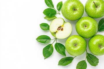 Fototapeta premium Fresh green apples with leaves on a white background offer a refreshing and healthy feel. Perfect for promoting wellness and natural living.