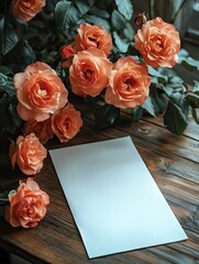 Obraz premium Elegant coral roses on rustic wooden table with blank paper home decor natural light aesthetic photography