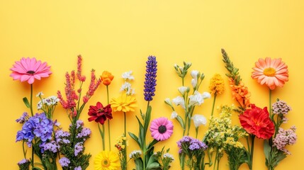 Obraz premium Assorted garden blossom flower heads on yellow background with space for text. Flat lay
