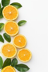 Fototapeta premium Freshly sliced oranges arranged with vibrant green leaves. Perfect for highlighting healthy eating, juices, or summer recipes in culinary displays.