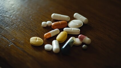 A close-up shot of pills and tablets on a wooden table