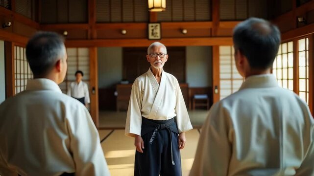 An elderly aikido master in a martial arts dojo surrounded by his students. Concept of a lifetime of skill, excellence and dedication.