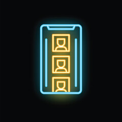 Neon glowing icon of a smartphone showing three user profiles on a dark background