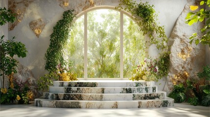 Naklejka premium Empty podium with natural textures and green leaves background 