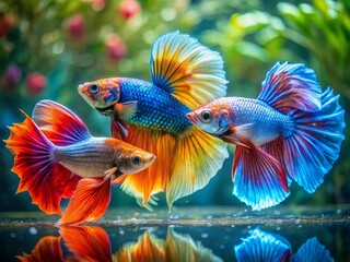 Fototapeta premium Vibrant Siamese Fighting Fish Trio: Aquatic Life Close-Up