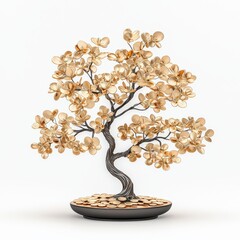 A beautiful artistic sculpture of a golden tree with delicate leaves, representing growth, harmony, and nature's beauty in a minimalist setting.
