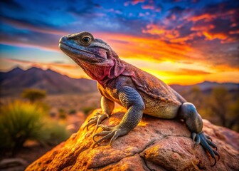 Fototapeta premium Arizona Chuckwalla Lizard Sunbathing on Rock - Low Light Desert Reptile Photography