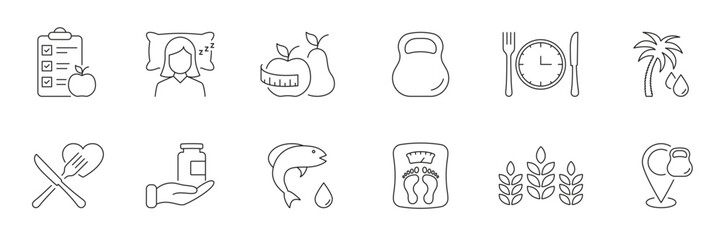 Weight Management, Fitness, and Healthy Habits Line Icon Set. Nutrition, Wellness, Sport and Healthy Eating, Nourishment. Editable Stroke. Isolated Vector Illustration