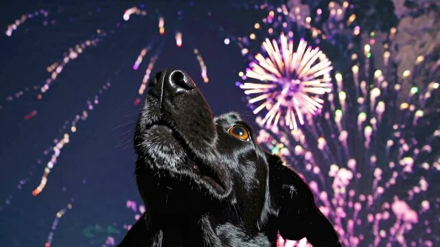 Black dog with expressive sad and frightened look, afraid of the fireworks